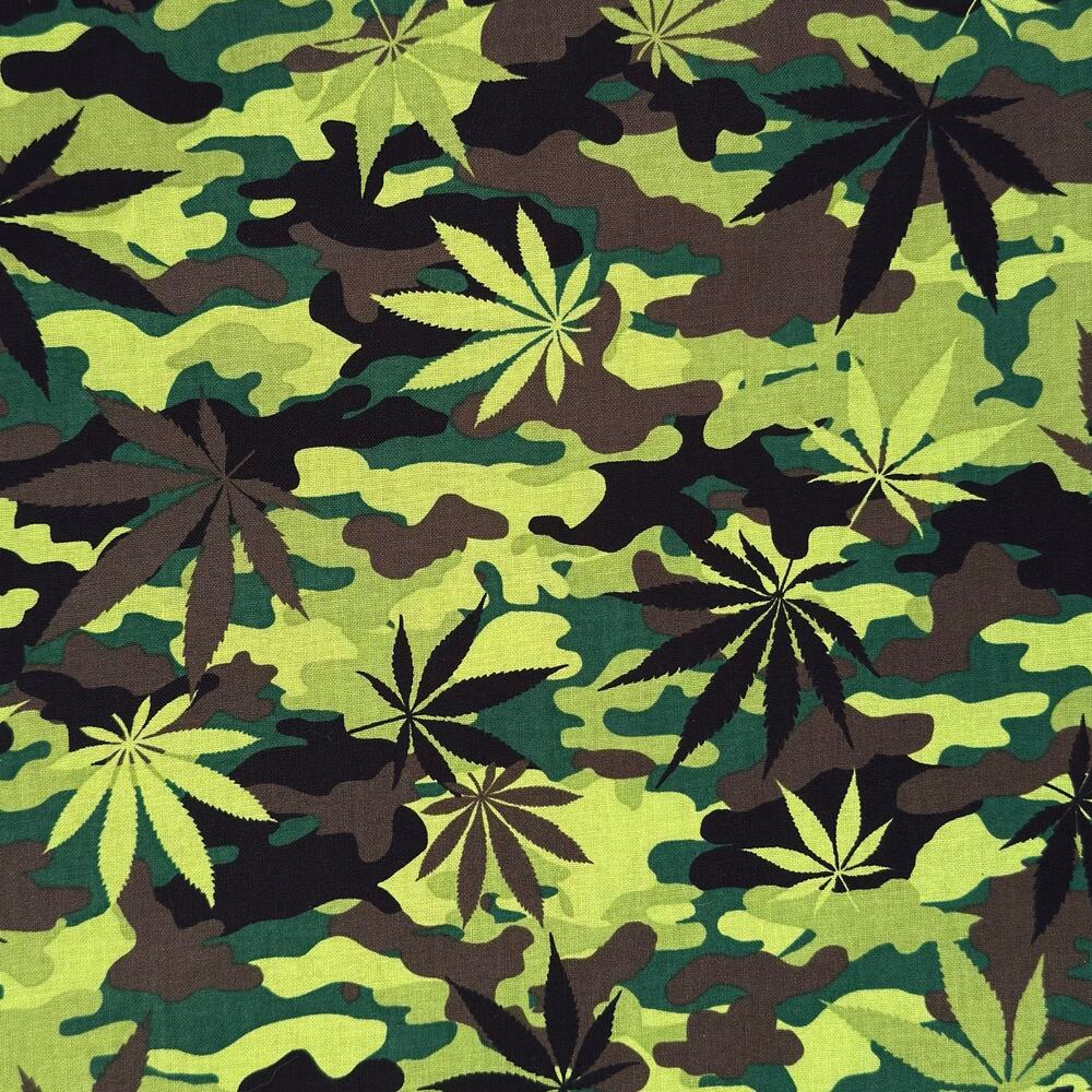 Green, Black, and Brown Cannabis Leaf Themed Camouflage Cotton Fabric - 1/2 Yard